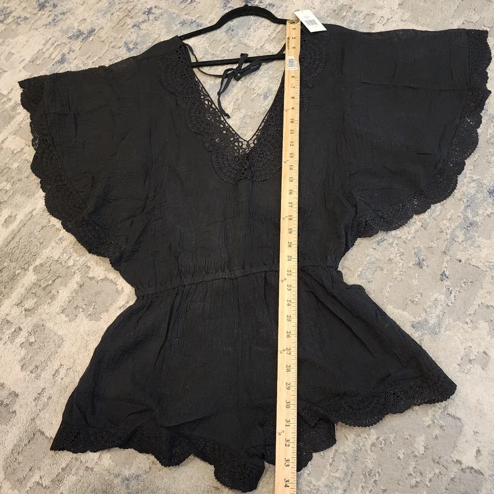 NWT Eberjey M/L Black Sol Liberty Lace‎ Trimmed Romper Swim Cover-Up Beachy